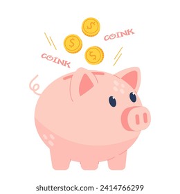 pink piggy bank. cute pig with coins isolated on white background. baby pig makes sound coink coink