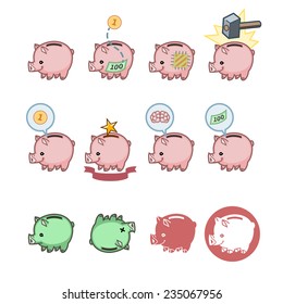 pink piggy bank in different variations such as throwing money breaking hammer and reflection - useful for logos signs illustration design business