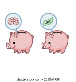 pink piggy bank in different variations such as throwing money breaking hammer and reflection - useful for logos signs illustration design business