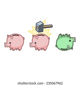 pink piggy bank in different variations such as throwing money breaking hammer and reflection - useful for logos signs illustration design business