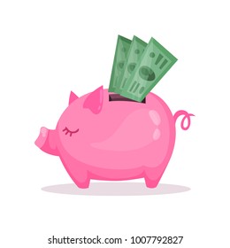Pink piggy bank and dollar bills, saving and investing money concept  cartoon vector Illustration
