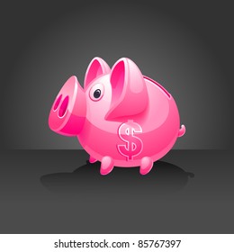 Pink piggy bank with dollar sign. Black background
