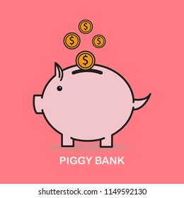 Pink piggy bank with falling coins. The concept of saving money or open a bank deposit.