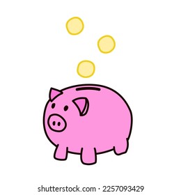 Pink piggy bank with falling coins. Investment in the future