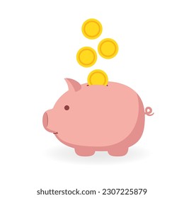 Pink piggy bank with falling coins. Concept of money saving or accumulation, investment and personal finance depositing. Isolated vector illustration of pink pig and golden coin in flat style