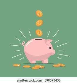 Pink piggy bank with falling coins. The concept of saving money or open a bank deposit. Investments in future. Isolated vector illustration piggy bank in flat style.