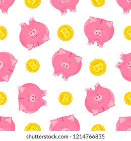 Pink piggy bank with falling gold bitcoins cryptocurrency seamless pattern.
