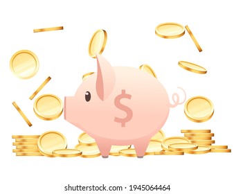 Pink piggy bank with falling gold coin rain of coins vector illustration on white background