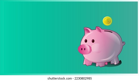 pink piggy bank. Piggy bank with falling gold coin. The concept of saving or saving money or opening a bank deposit. Vector illustration with place for your text on green background.