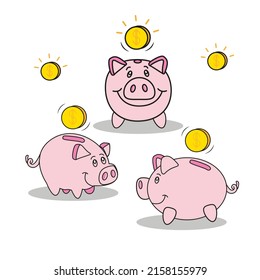 Pink piggy bank with falling golden coins in three perspectives.