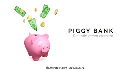 Pink piggy bank and falling green paper money and gol coins. Finance investment banner isolated on white background. Save money. Vector illustration