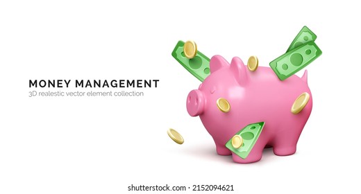 Pink piggy bank and falling green paper money and gold coins. Finance investment banner isolated on white background. Save money concept. Vector illustration