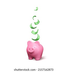 Pink piggy bank with falling green paper dollar. Finance investment banner isolated. Save money concept. Vector illustration