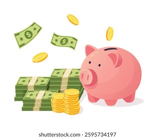 Pink piggy bank and falling green paper money and gold coins. Finance investment isolated on white background. Vector illustration.