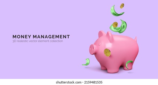 Pink piggy bank and falling twisted green paper money and gold coins. Finance investment banner isolated. Save money concept. Vector illustration