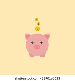 Pink piggy bank flat design with falling coin