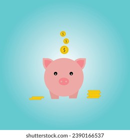 Pink piggy bank flat design with falling coin