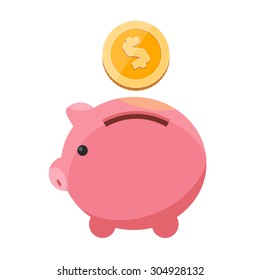 pink piggy bank flat vector icon with a gold coin on the white background