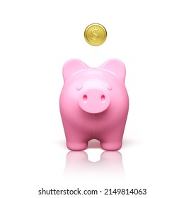 Pink Piggy Bank Front View With Falling Gold Coin. Money Savings Concept. 3D Realistic Pretty Pig. Vector Illustration