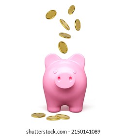 Pink piggy bank front view with falling gold coin. Money savings concept. 3D realistic pretty pig. Finance investment and business concept. Vector illustration