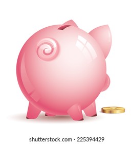 Pink piggy bank with gold coin. Eps8. CMYK. Organized by layers. Global colors. Gradients used.