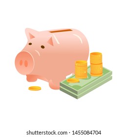 Pink piggy bank with green banknotes and stacks of gold coins. The preservation and accumulation of cache. Deposit investment strategy. Vector illustration.