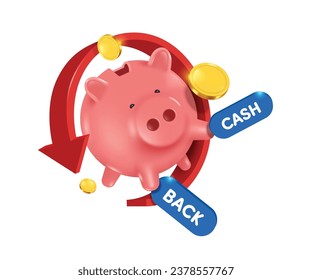 pink piggy bank holds a cash back promotion sign and has gold coin or dollar coin revolving around following red arrow, vector 3d isolated on white background for refund advertising concept design