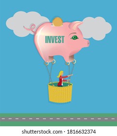 Pink piggy bank as hot air balloon. Vector illustration.