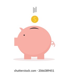 Pink piggy bank icon and dollar coin icon put into piggy bank used for illustration of investment idea websites. vector isolated on a white background