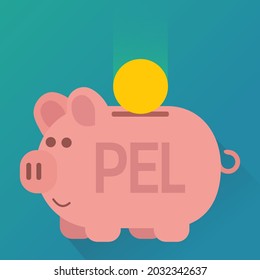 Pink piggy bank with the inscription PEL (symbolizing the popular French financial product of Livret PEL) in which a coin falls on a blue background (flat design)