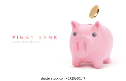 Pink piggy bank isolated on white background. Symbol of profit and growth. Realistic vector object for advertising sale. Stability and security of money storage. Vector illustration