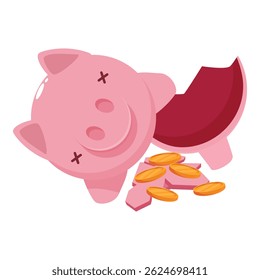 O mealheiro rosa está quebrado com moedas espalhadas, representando dificuldades econômicas e poupanças perdidas