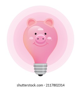 Pink Piggy Bank Light Bulb, vector illustration cartoon