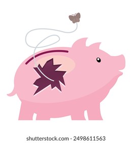 Pink piggy bank losing money symbolized by a butterfly shaped as an autumn leaf flying away