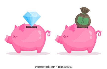 Pink Piggy Bank or Moneybox with Hole Vector Set
