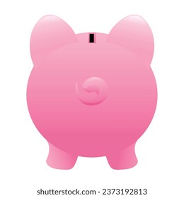 Pink piggy bank on white background, back view