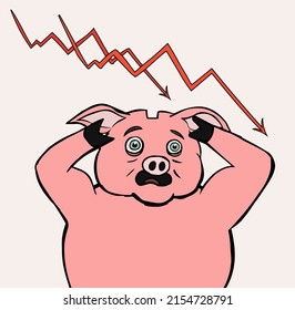 Pink piggy bank with a panicked expression on the background of falling financial charts.