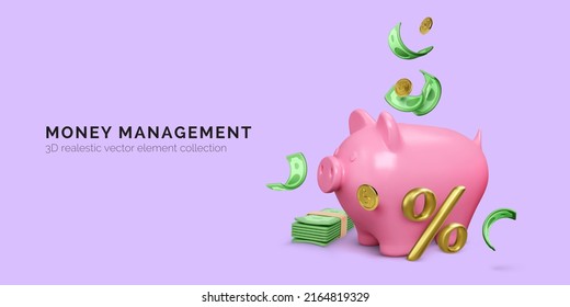 Pink piggy bank with percent sign and falling gold coins and green dollar bills. Money management concept. Vector illustration