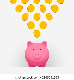 Pink piggy bank and plenty of gold coins falling in it. Concept of money saving and spending for purchasing of different products, using of family budget, careful income distribution