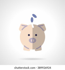 Pink piggy bank with purple coins. Money saving concept. Web banking, e-commerce. Flat color style vector icon. Web design element for site, mobile and business.