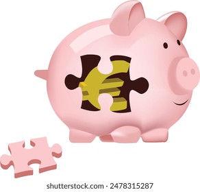 Pink piggy bank with puzzle piece revealing a euro symbol inside, depicting saving money concepts