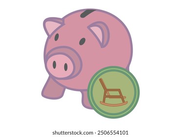 Pink piggy bank with retirement rocking chair icon