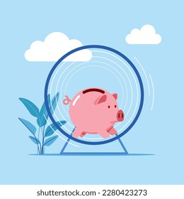 Pink piggy bank running around in a hamster wheel. Modern vector illustration in flat style. 