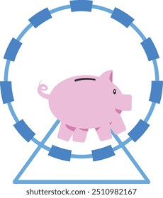 Pink piggy bank running around in a hamster wheel. Modern vector illustration in flat style.

