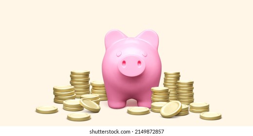 Pink piggy bank with stack of gold coins. Money savings concept. 3D realistic pig and money. Finance investment and business concept. Vector illustration