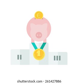 Pink Piggy Bank Stand on a Winners Podium. Conceptual Vector Flat Illustration Depicting Someones Business Service as a Leader in Cost-Effectiveness.