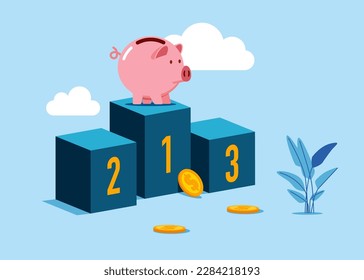 Pink piggy bank standing on first podium. Success in business and career. Modern vector illustration in flat style