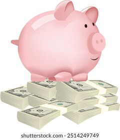 Pink piggy bank standing on a pile of one hundred dollar bills representing savings and wealth