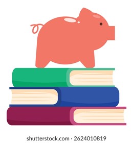 Pink piggy bank standing on a stack of books illustrating the concept of saving for education