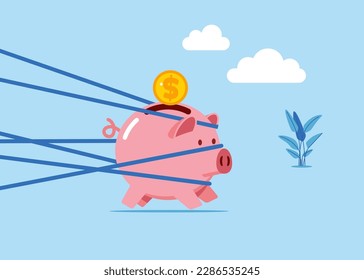 Pink piggy bank tied up with tape trying to run away.  Business difficulty. Modern vector illustration in flat style